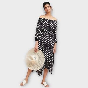 Maeve by Anthropologie Gerti Polka Dot Off Shoulder Belted Midi Dress Women's 6